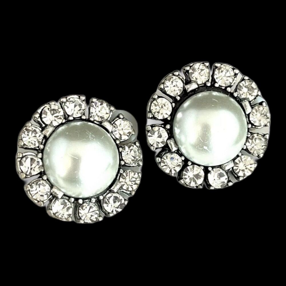 Vintage 1980s Faux Pearl Earrings Silver Tone Crystal Clip On - 4R